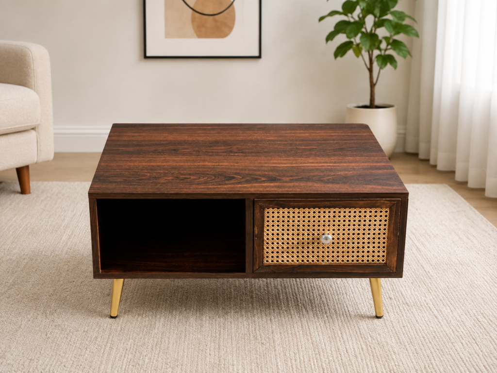 Premium Rattan Coffee Table with Golden Legs