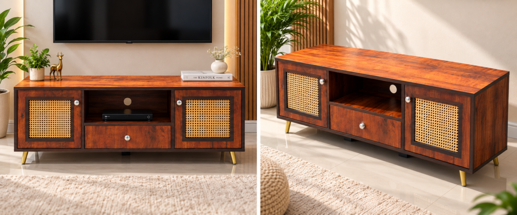 Elegant Walnut Wooden TV Cabinet with Cane Panel Doors, Open Shelf & Drawer, Golden Legs & Knobs
