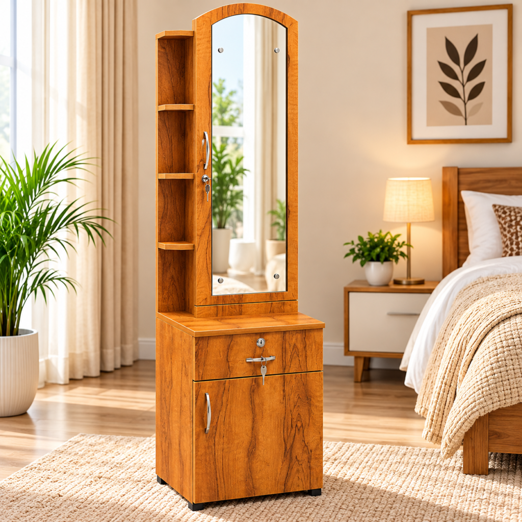 Dressing Table with Mirror, Side Shelf, Door Storage & Bottom Storage - Neshwood Finish