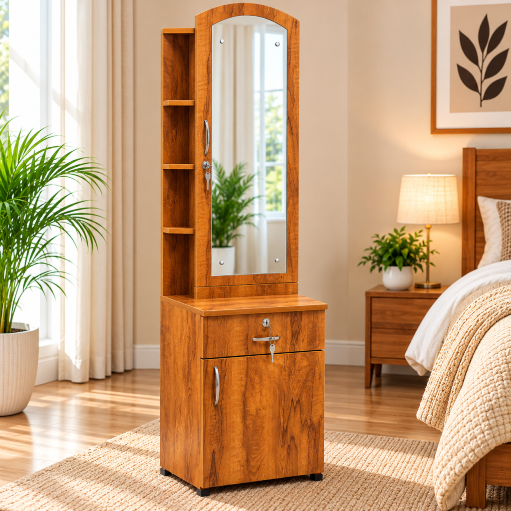 Dressing Table with Mirror, Side Shelf, Door Storage & Bottom Storage - Neshwood Finish
