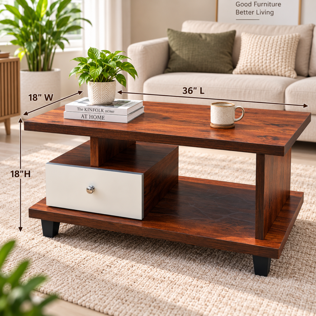 Walnut & White Drawer Coffee Table – Modern Wooden Table with Storage