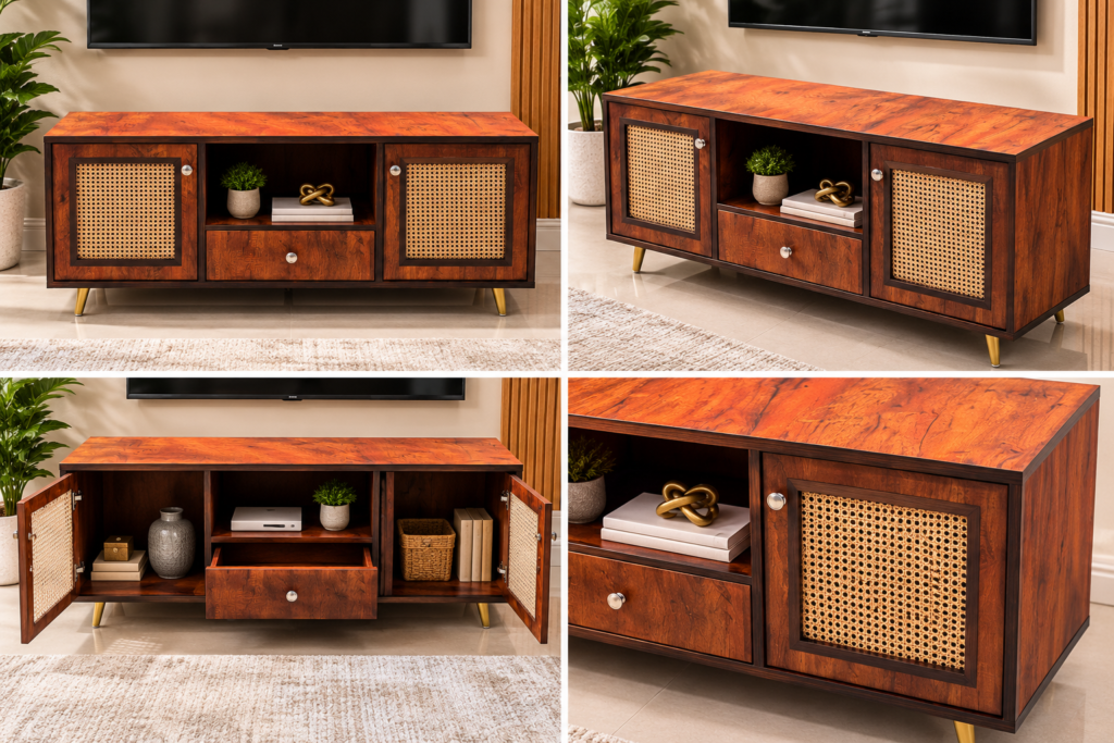 Elegant Walnut Wooden TV Cabinet with Cane Panel Doors, Open Shelf & Drawer, Golden Legs & Knobs