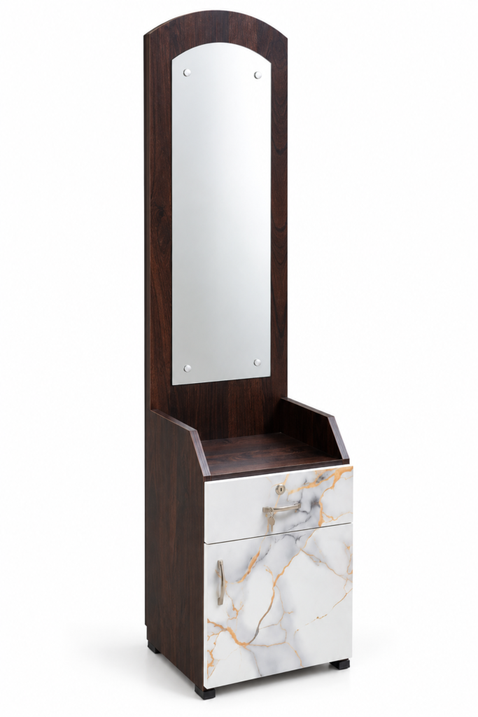 Dressing Table with Mirror, Drawer & Marble Design Bottom Storage-Brown Finish