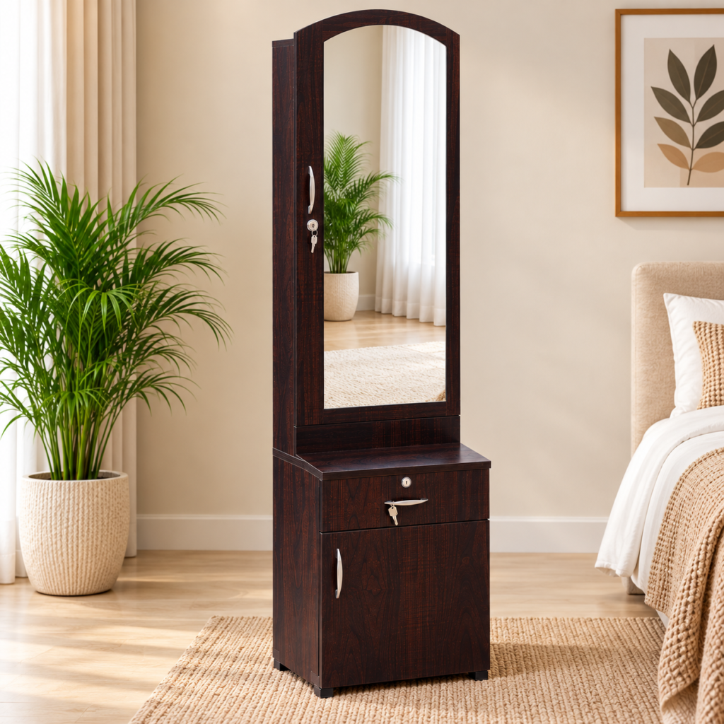 Dressing Table with Mirror, Door Storage, Bottom Storage & Lock - Brown Finish