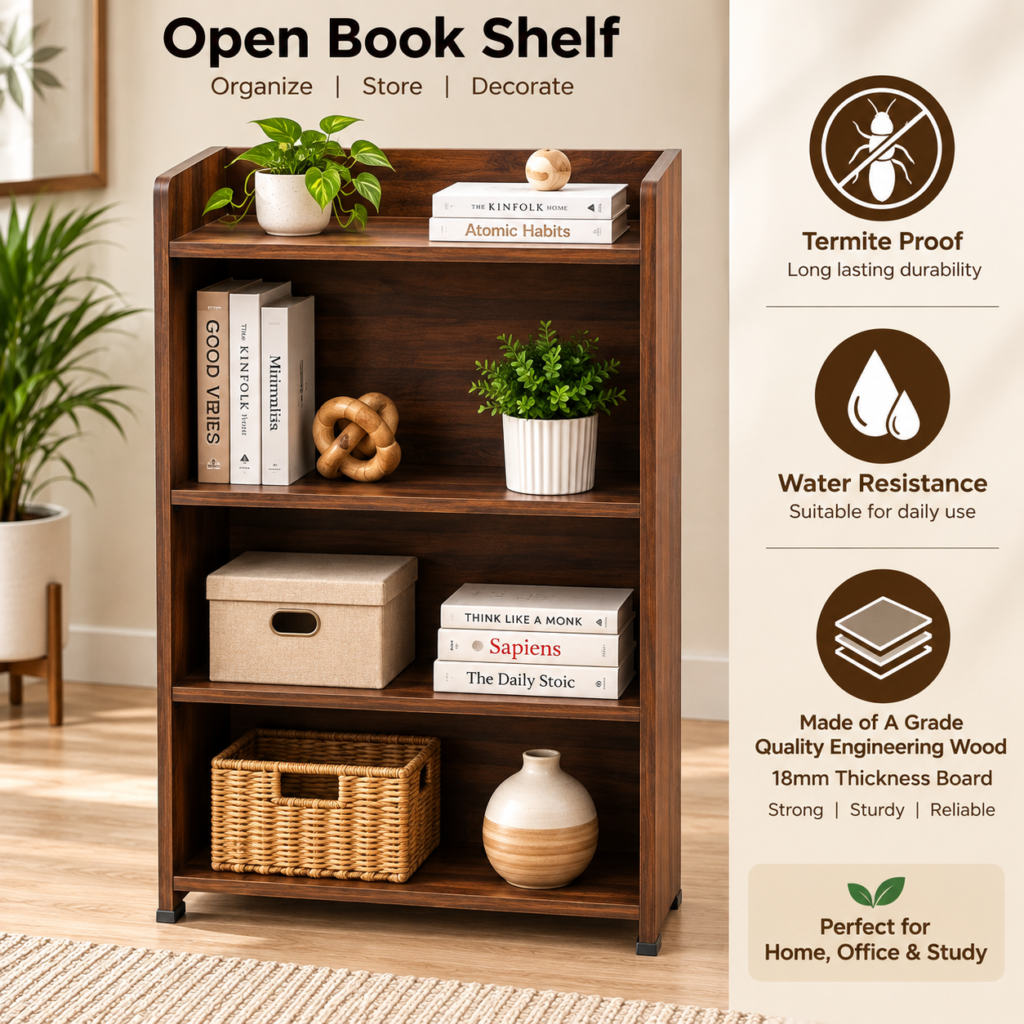 Open Bookshelf / Kitchen Shelf in Brown – Wooden Storage Rack
