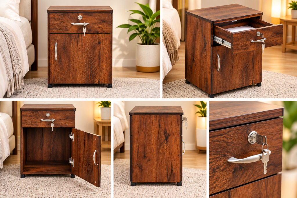 Bedside Table with Drawer & Door, 16 x 16 x 18 Inches - Walnut Finish