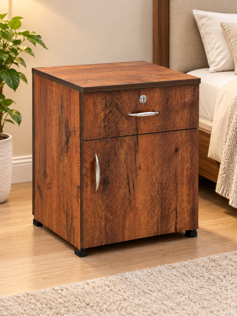 Bedside Table with Drawer & Door, 16 x 16 x 18 Inches - Walnut Finish