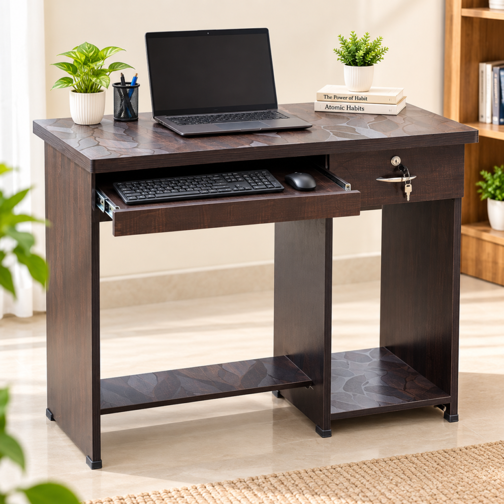 Office Desk with Keyboard Tray & Single Drawer, Study Table for Home Office, Bedroom & Workspace, Brown Finish