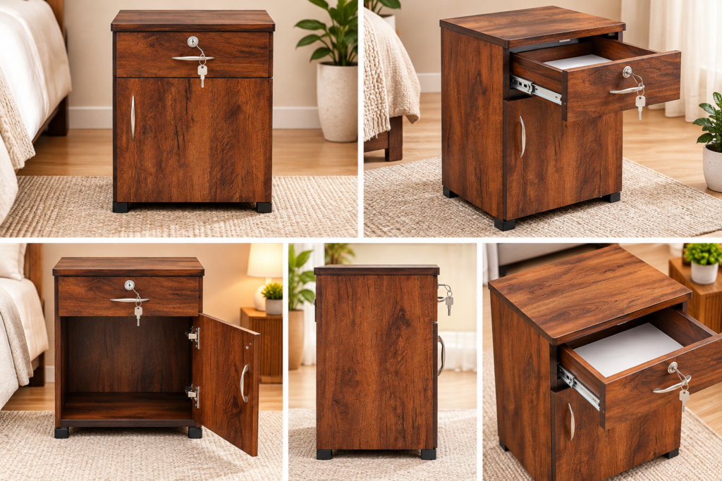 Bedside Table with Drawer & Door, 16 x 16 x 18 Inches - Walnut Finish