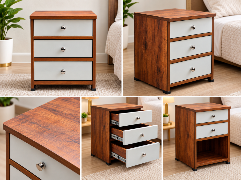 A stylish and compact 3-drawer bedside table designed for convenient bedroom storage