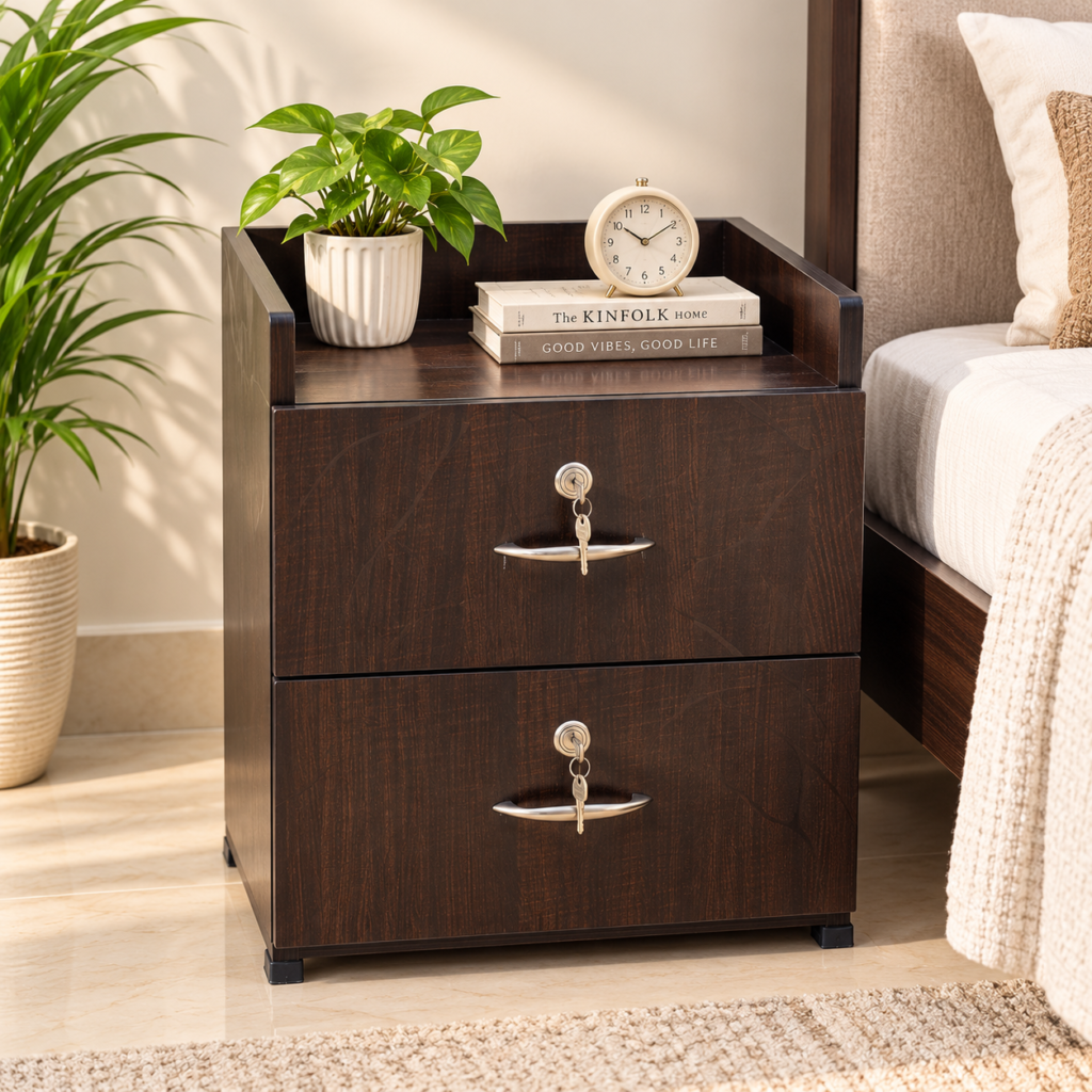 2 Drawer Bedside Table - Brown Finish