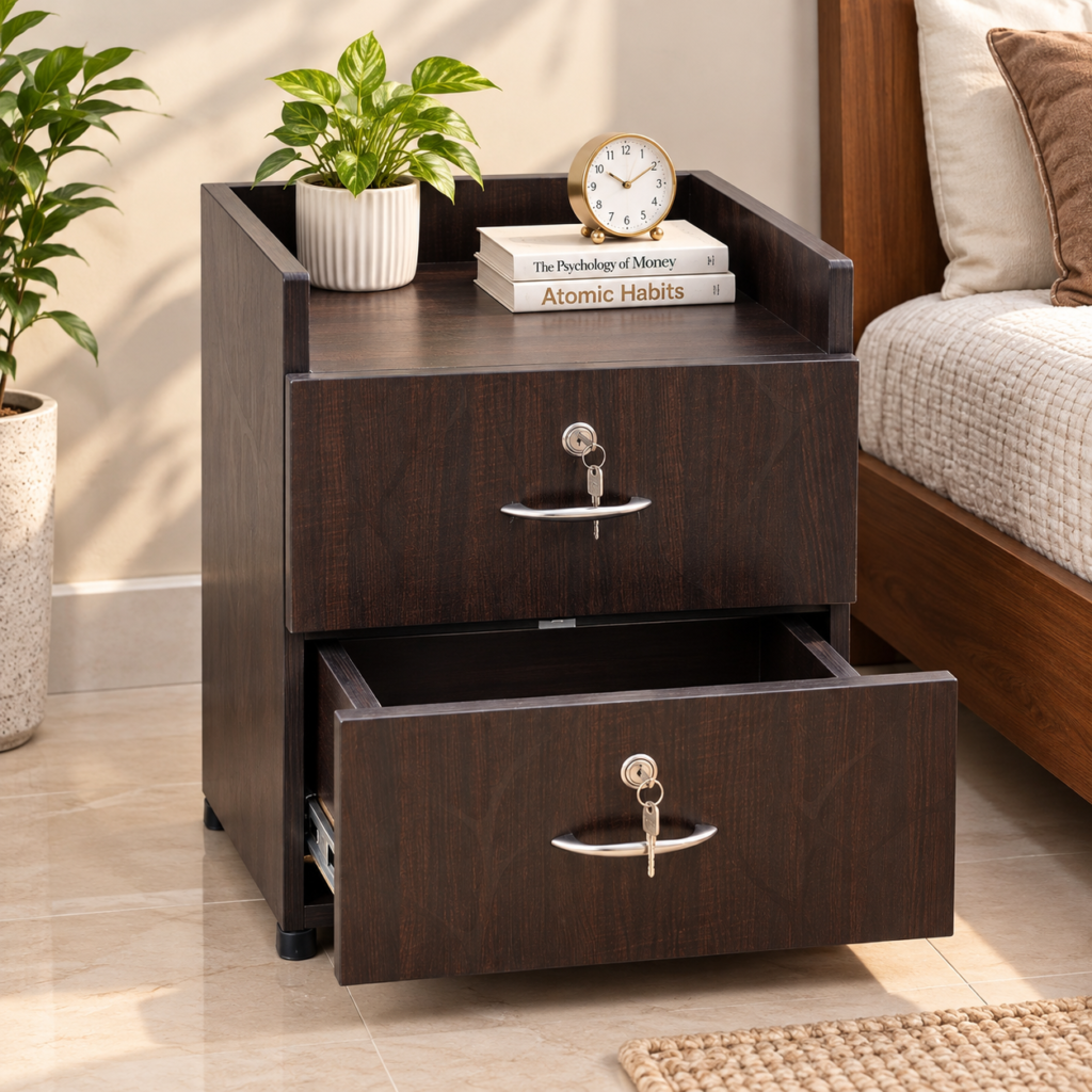 2 Drawer Bedside Table - Brown Finish