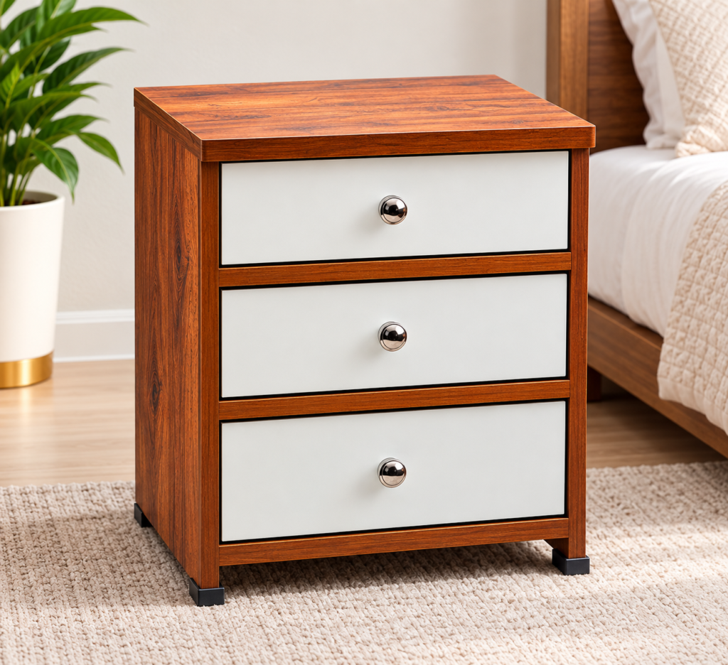 A stylish and compact 3-drawer bedside table designed for convenient bedroom storage