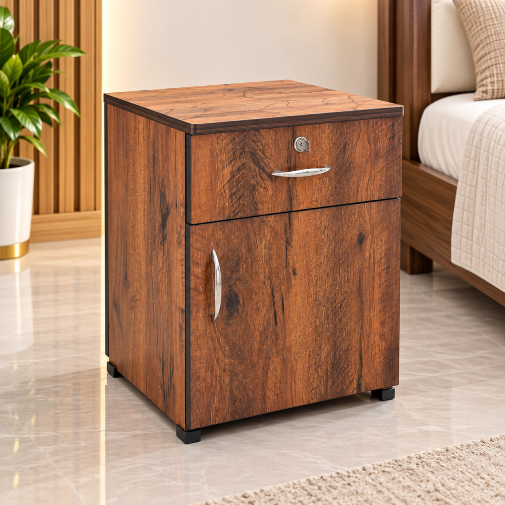 Bedside Table with Drawer & Door, 16 x 16 x 18 Inches - Walnut Finish