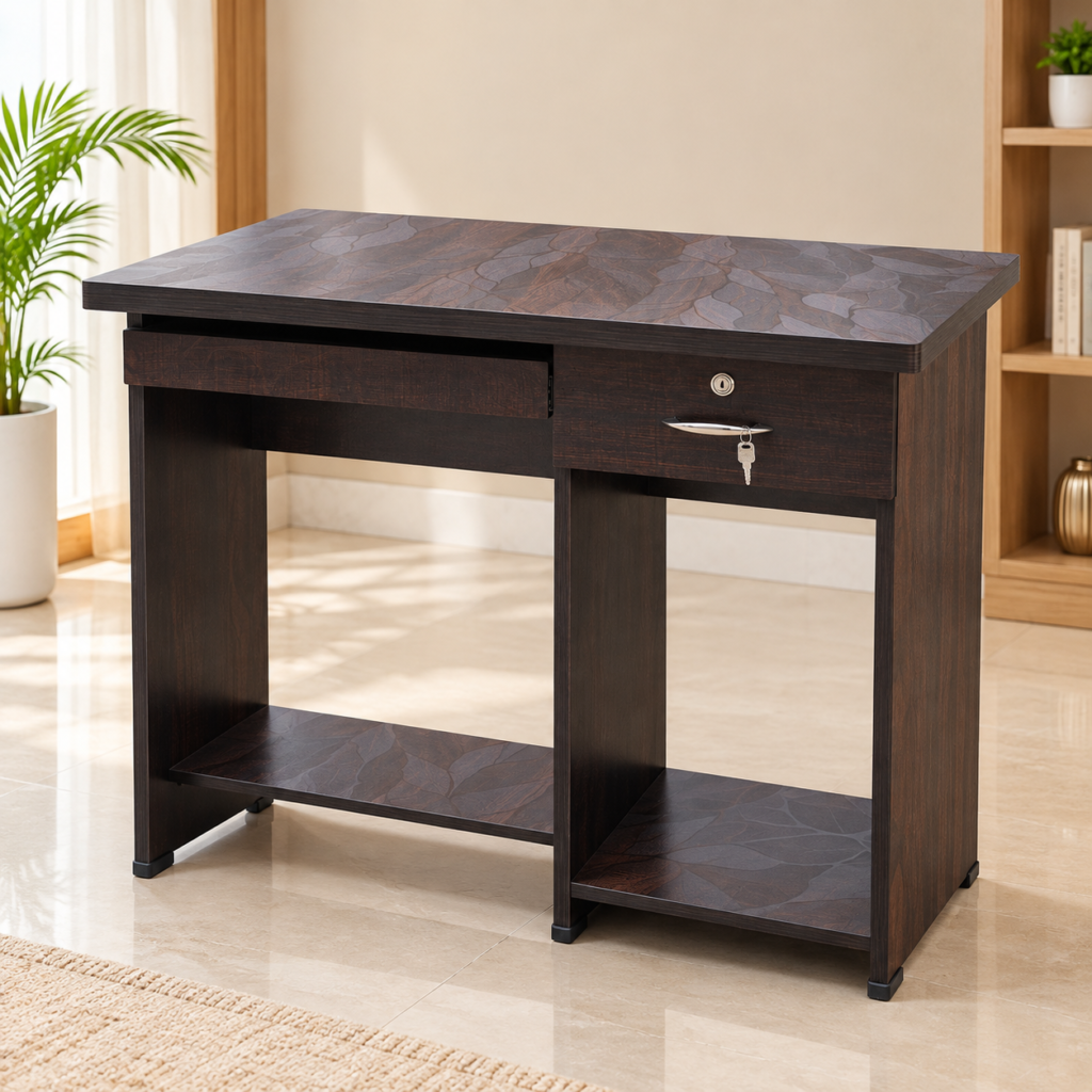Office Desk with Keyboard Tray & Single Drawer, Study Table for Home Office, Bedroom & Workspace, Brown Finish