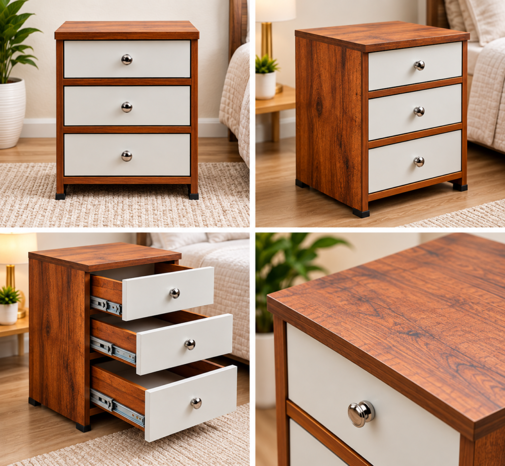 A stylish and compact 3-drawer bedside table designed for convenient bedroom storage