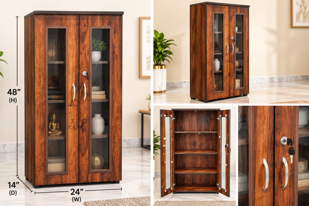 Crockery Unit / Showcase 24 x 48 x 14 Inches, 4 Compartment Wooden Display Cabinet with Glass Door