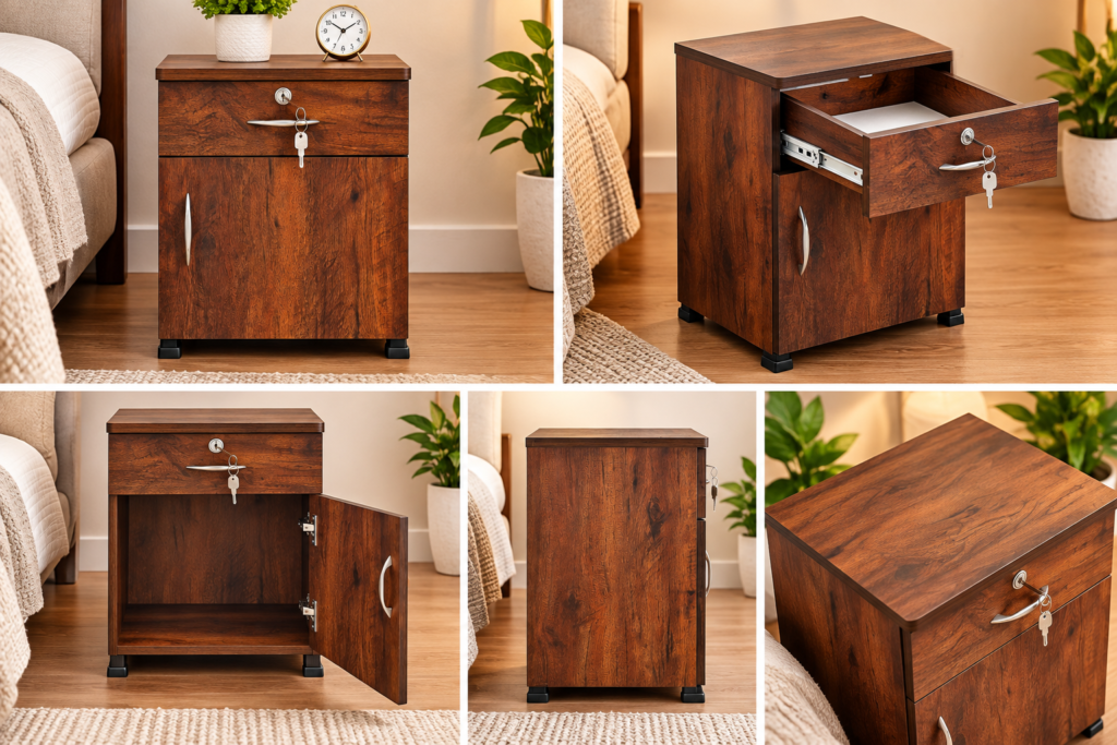 Bedside Table with Drawer & Door, 16 x 16 x 18 Inches - Walnut Finish