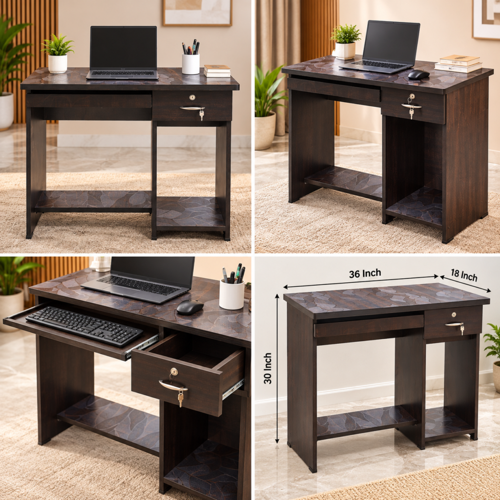Office Desk with Keyboard Tray & Single Drawer, Study Table for Home Office, Bedroom & Workspace, Brown Finish