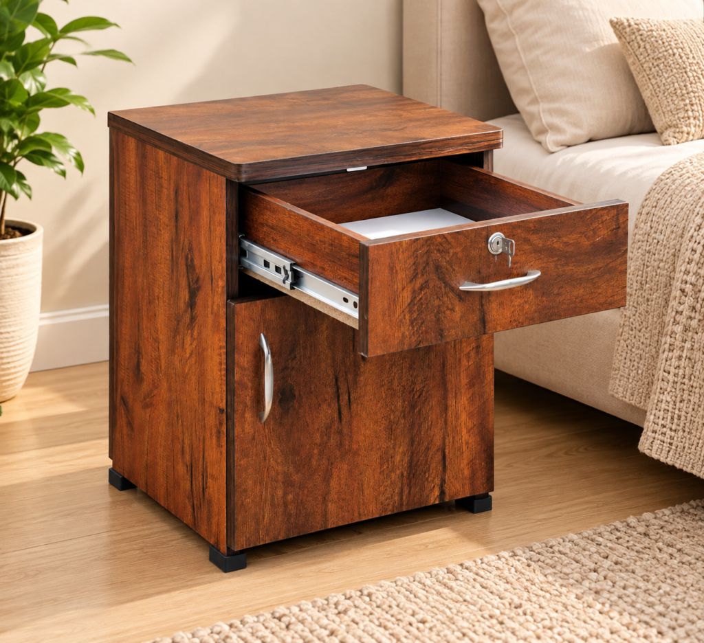 Bedside Table with Drawer & Door, 16 x 16 x 18 Inches - Walnut Finish