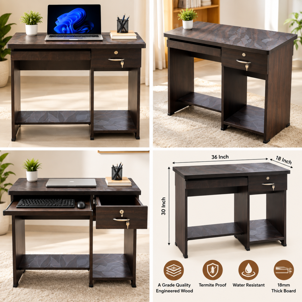 Office Desk with Keyboard Tray & Single Drawer, Study Table for Home Office, Bedroom & Workspace, Brown Finish