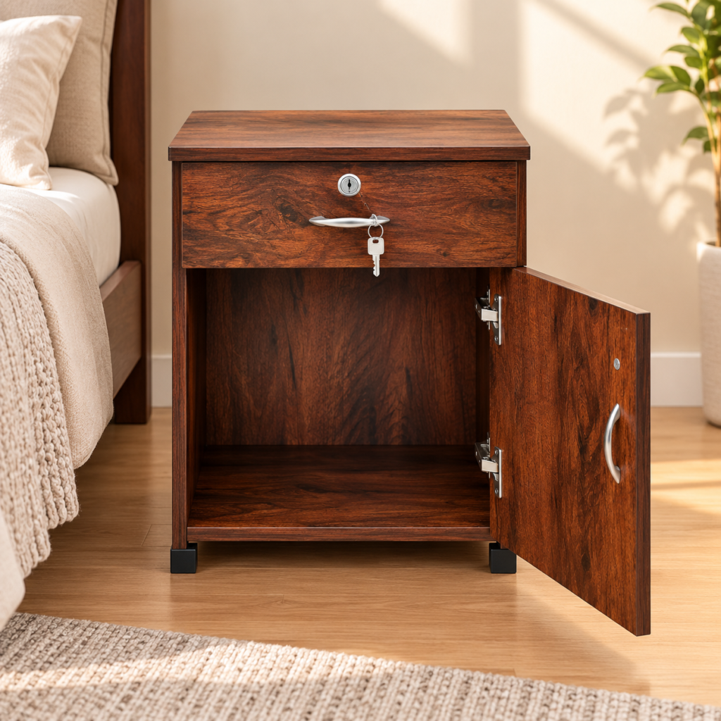 Bedside Table with Drawer & Door, 16 x 16 x 18 Inches - Walnut Finish
