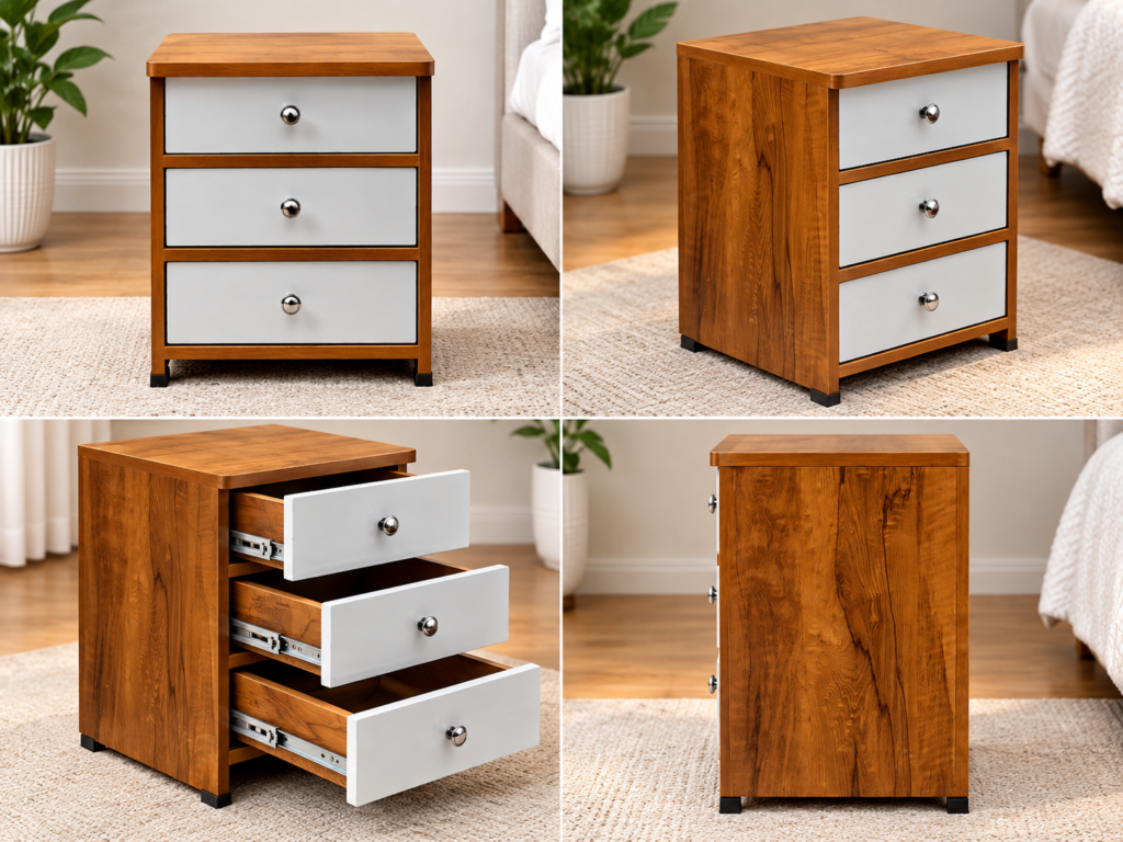 A stylish and compact 3-drawer bedside table designed for convenient bedroom storage