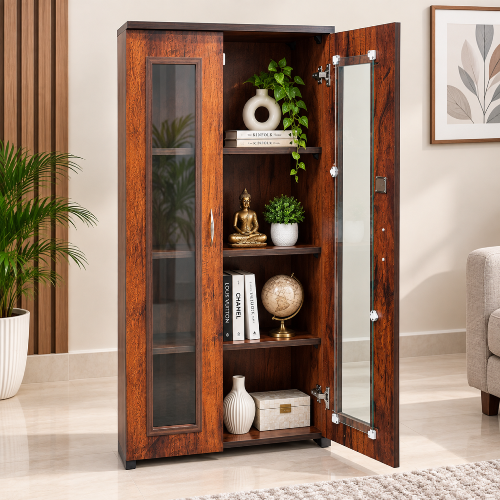 Crockery Unit / Showcase 24 x 48 x 14 Inches, 4 Compartment Wooden Display Cabinet with Glass Door