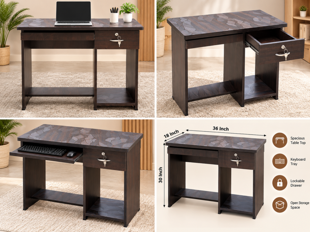 Office Desk with Keyboard Tray & Single Drawer, Study Table for Home Office, Bedroom & Workspace, Brown Finish